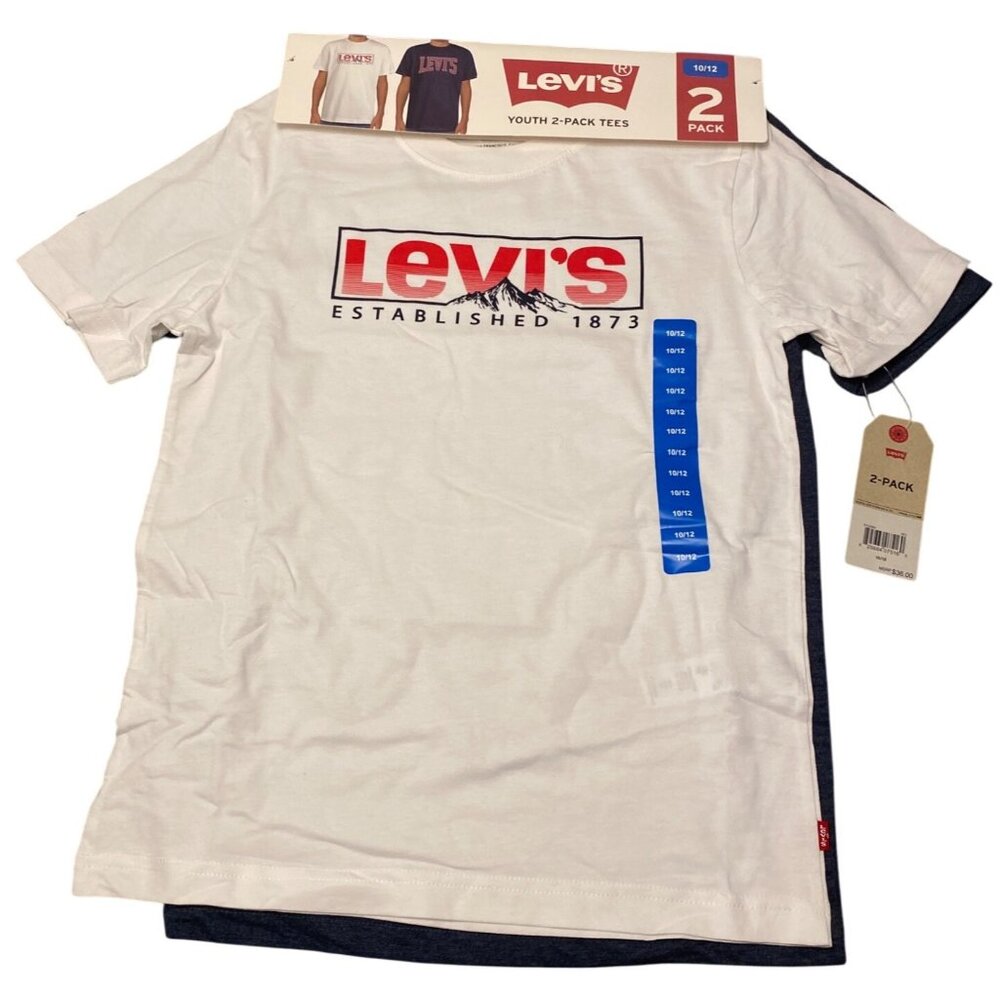 Levis Youth 2-Pack Graphic Tees Size 10/12 White & Heather Navy 100% Cotton Blen